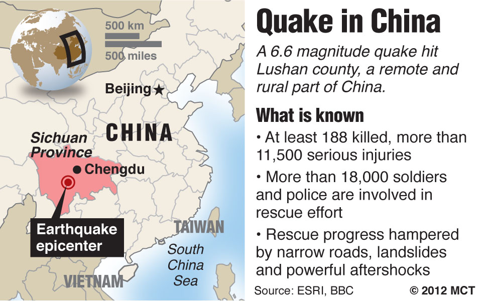 Map locating Chinas Sichuan province where a deadly earthquake has killed at least 180 and injured thousands; China has deployed thousands of workers in a massive rescue operation. MCT 2013