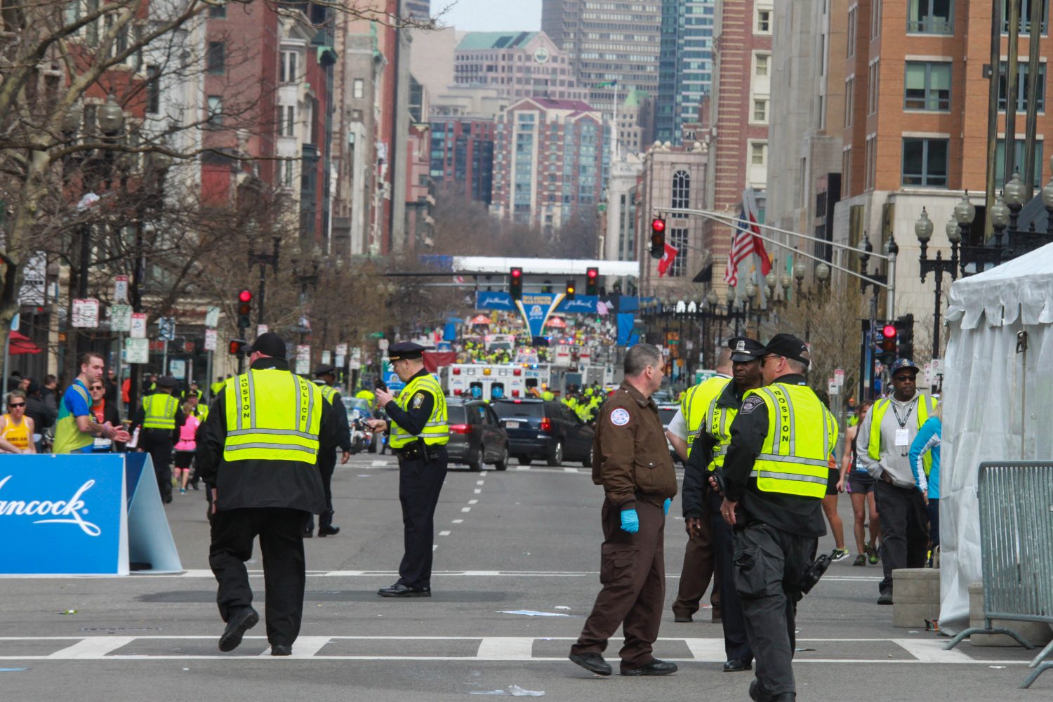 Local, State, and Federal agencies respond to a blast at the finish line of the Boston Marathon on Monday, April 15, 2013, in Boston, Massachusetts. (Kevin Wiles, Jr./Zuma Press/MCT)