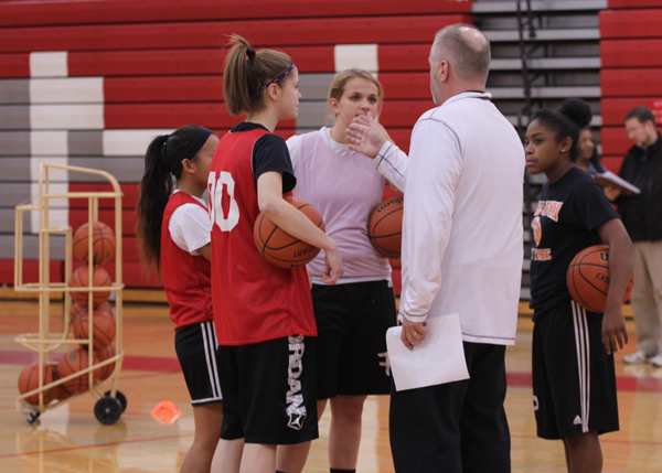 Coach Tony Konsewicz talks to members of the varsity girls basketball team during practice. Photo by Sana Kadir