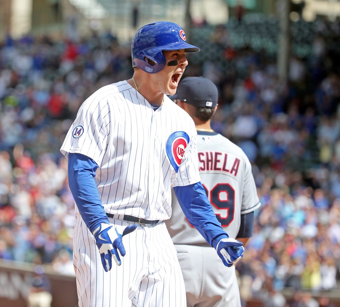 Chicago Cubs first baseman Anthony Rizzo (44) celebrates his RBI triple during the seventh inning on Monday, Aug. 24, 2015, at Wrigley Field in Chicago. (Brian Cassella/Chicago Tribune/TNS)