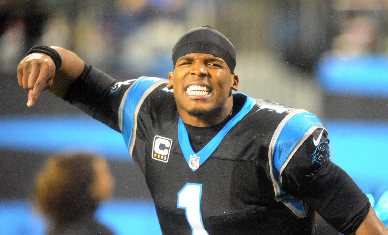 Carolina Panthers Cam Newton (1) yells toward the crowd as he celebrates a touchdown against the Indianapolis Colts during the fourth quarter on Monday, Nov. 2, 2015, at Bank of America Stadium in Charlotte, N.C. (David T. Foster III/Charlotte Observer/TNS)