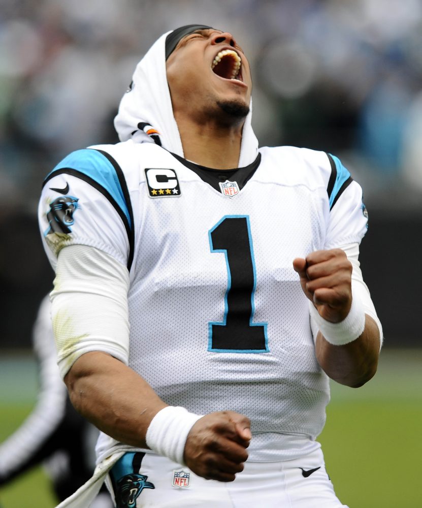 Carolina Panthers quarterback Cam Newton (1) celebrates the teams early success during the first quarter on Sunday, Jan. 17, 2016, at Bank of America Stadium in Charlotte, N.C. (David T. Foster III/Charlotte Observer/TNS)