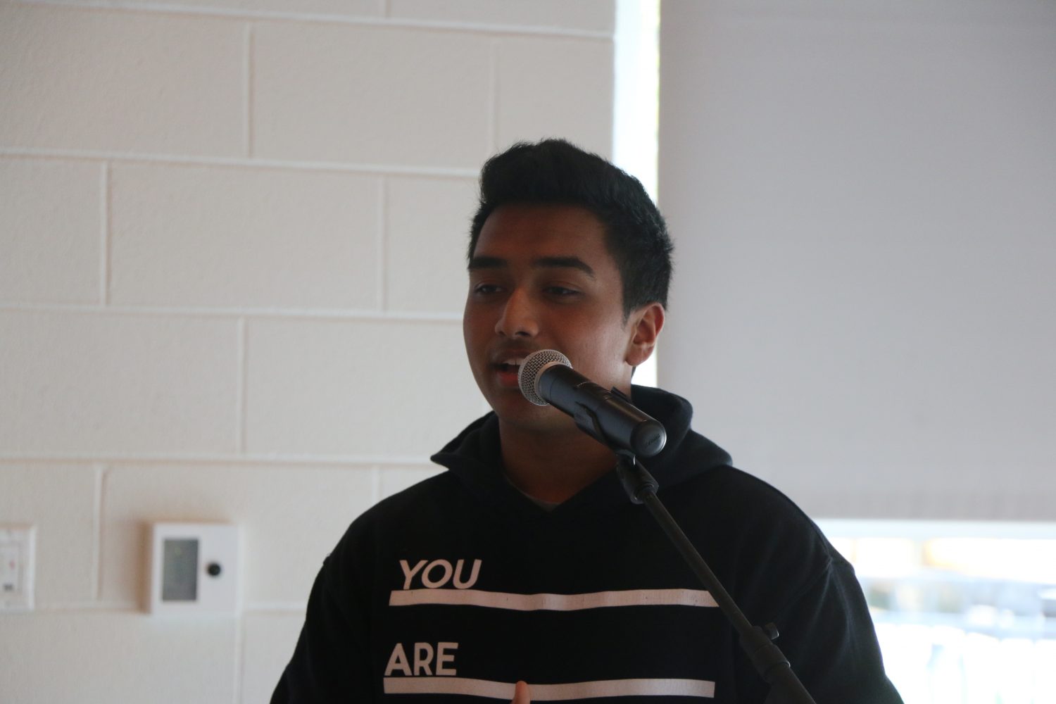Junior Shebin Chacko speaks about racial equity at the student forum on Wednesday, Mary 3. on Photo by Sana Kadir
