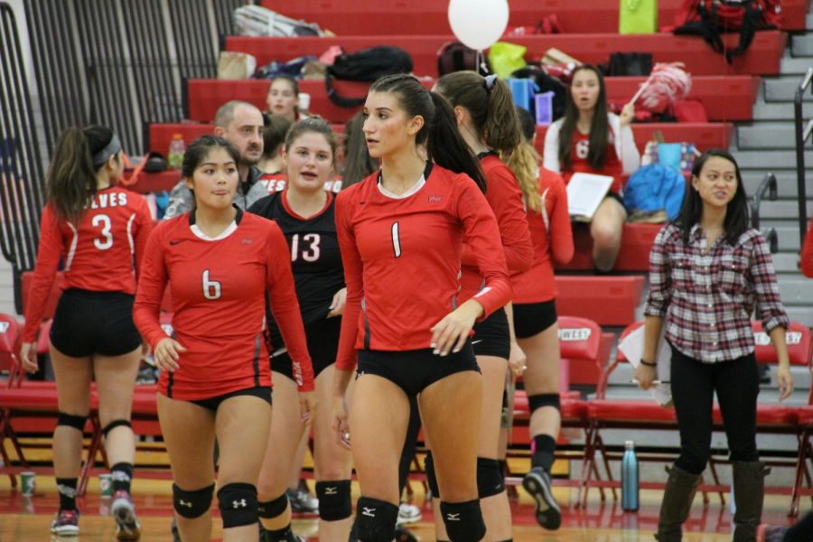 The girls varsity volleyball team celebrating after a win against New Trier last season. 