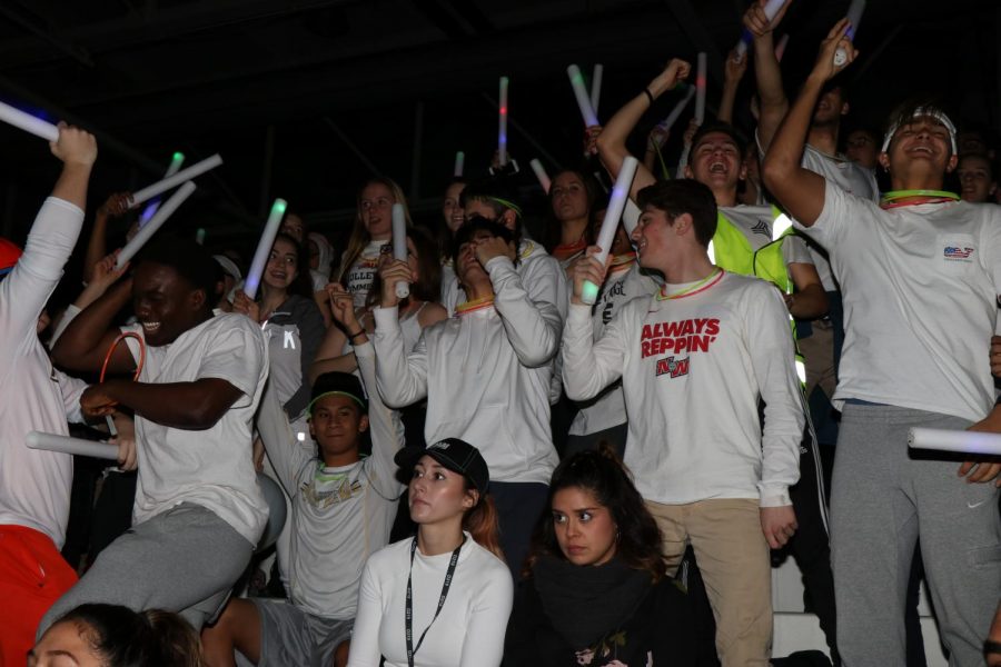 Senior class wears white to show off their school spirt at pep assembly.