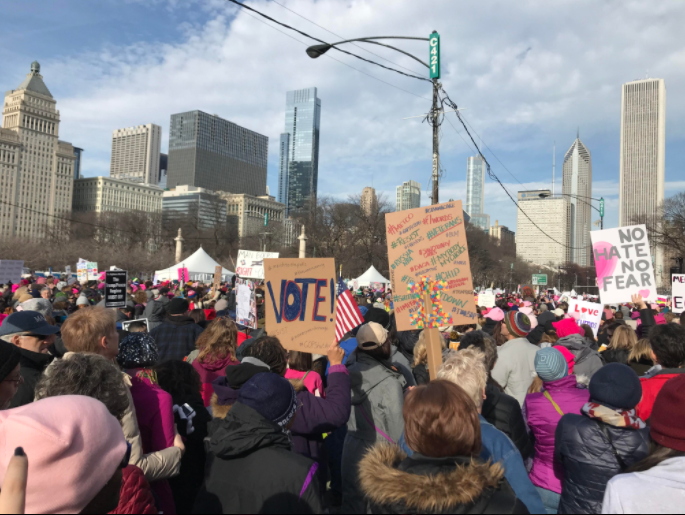 Signs at the 2018 Women's March in Chicago. Photo by Ella Ilg. 