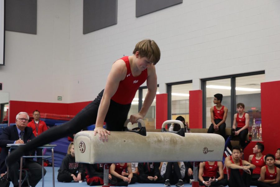 Junior Patrick Greiner begins his routine last year on the pommel horse. 