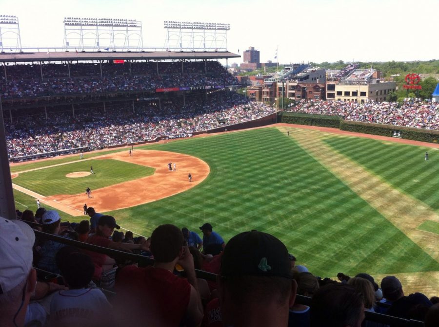 The baseball field when thee Cubs played the Red Sox this past year. 