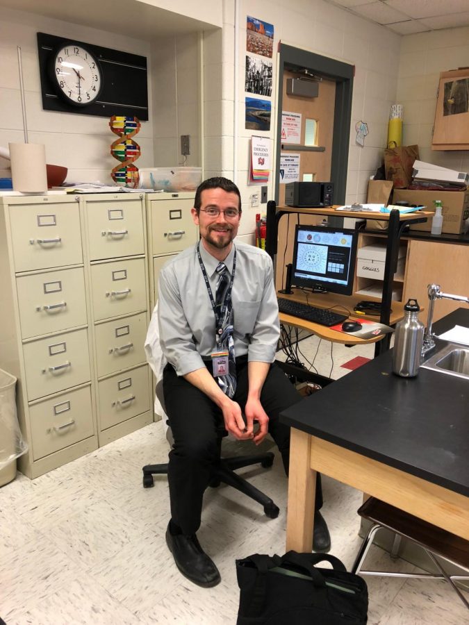 Biology teacher Thomas Jodelka prepares for another class.