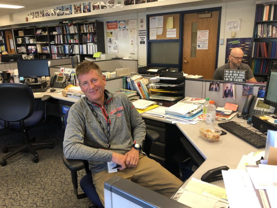 Social studies teacher Scott Baum enjoying pasta during his free period in preparation for his long day.