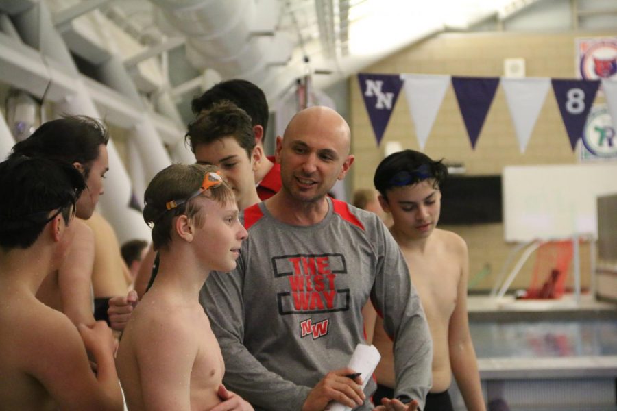 Coach Macejak talking to one of his swimmers.