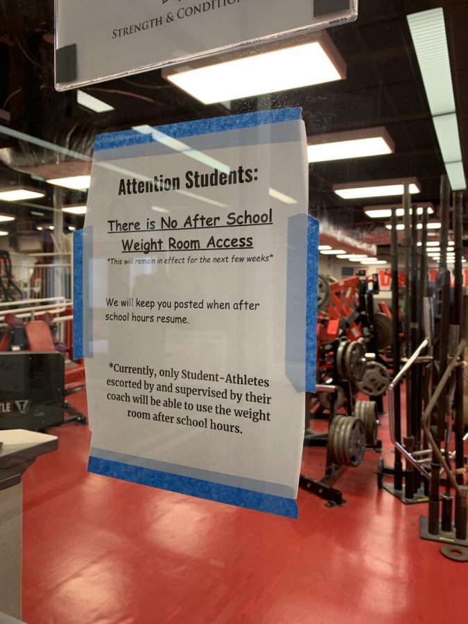 The sign outside of the weight room informing the students of its closure after school. 