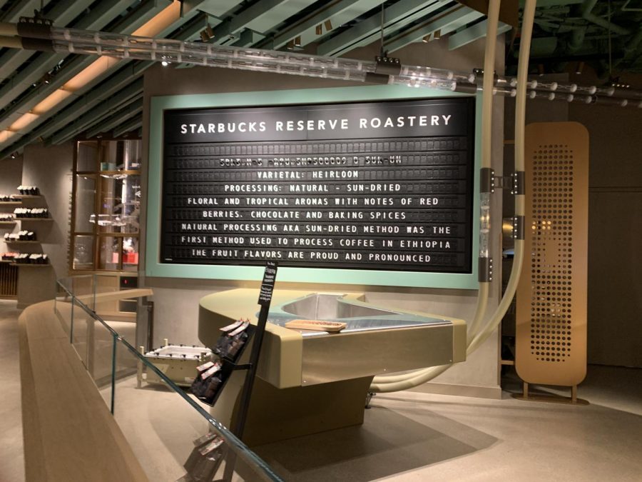 The welcome sign as you walk into the Starbucks roastery after waiting outside in the lines. 