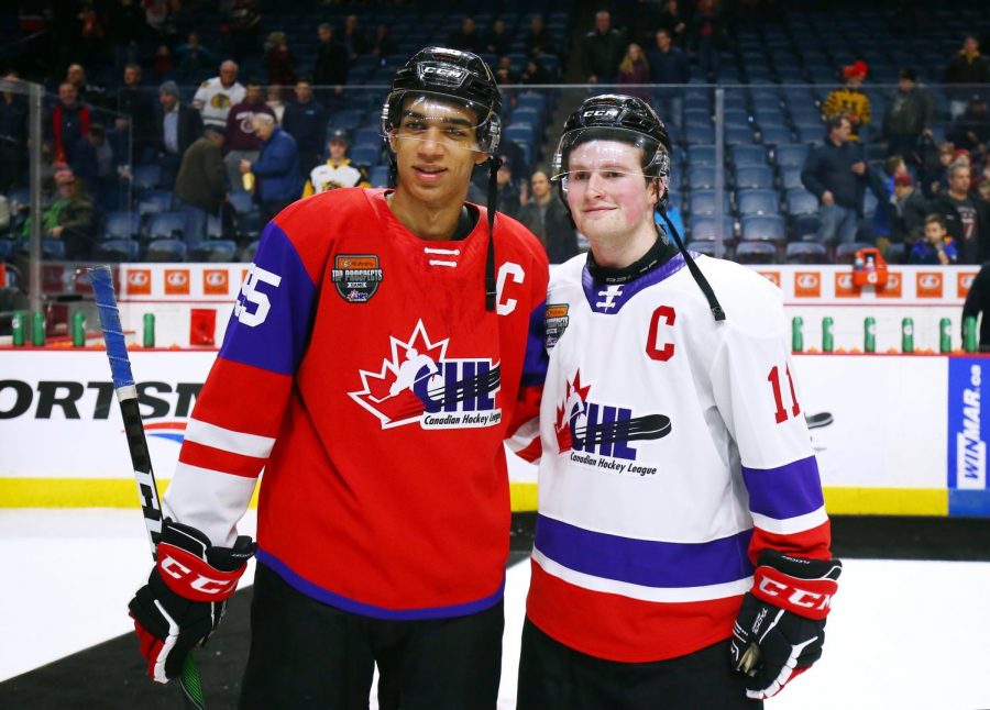 Top draft picks in the 2020 NHL Draft, Alexis Lafreniere (left) and Quinton Byfield (right), playing against each other in the 2020 CHL Prospect Game.