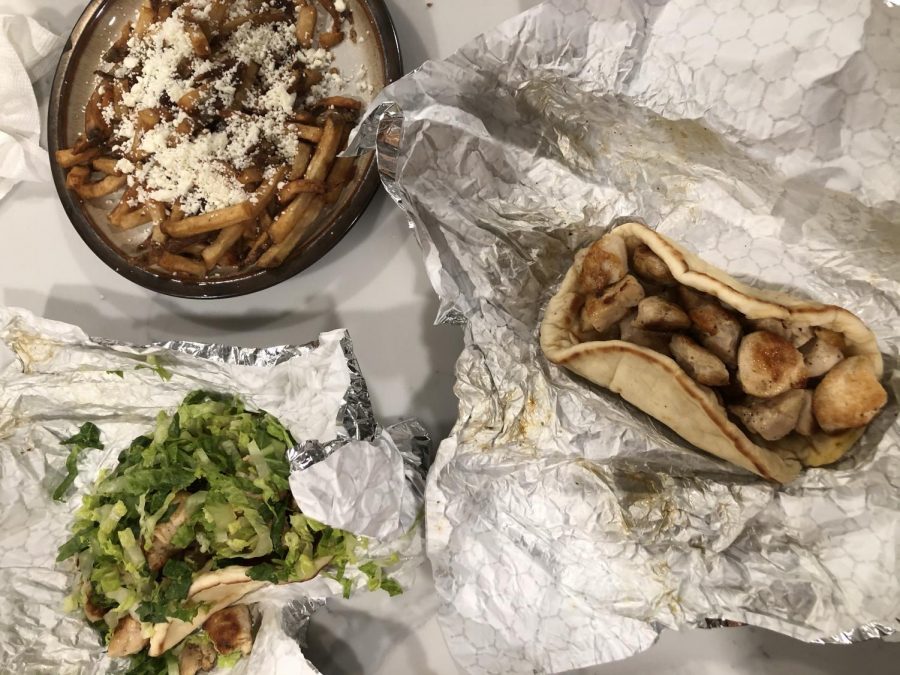 The chicken pita, pita with toppings and greek fries.