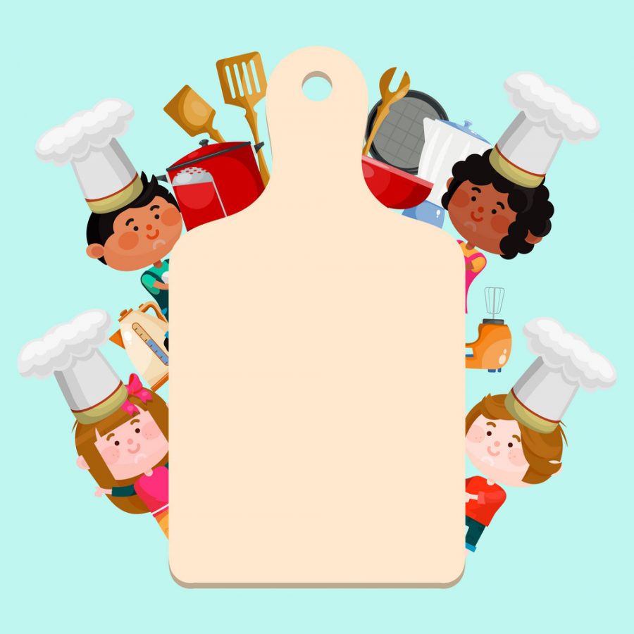 Chefs+kids+cooking+classes+template+vector+illustration.+Cartoon+characters+kids+in+hats+with+empty+board+for+text.+Little+chefs+background+templates+for+menu%2C+classes+or+banner