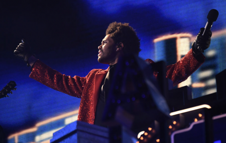 The Weeknd performing at the Super Bowl Pepsi Half-time show.
