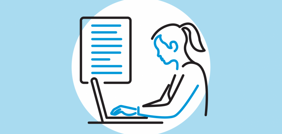 Blue and white graphic of a student taking a digital AP exam.