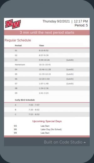 The new app shows the schedule for the day including the time left until the bell rings.