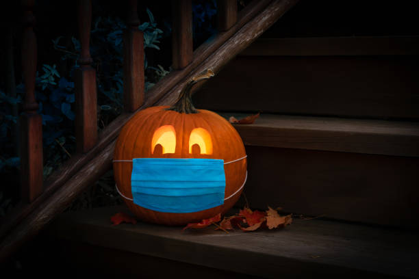 A masked jack-o-lantern for Halloween.
