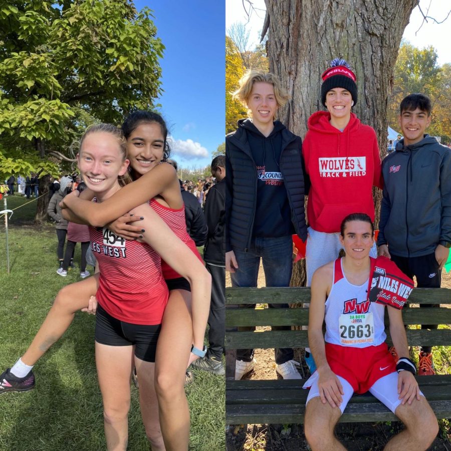 Nora Graham and Dia Patel posing at sectionals (left). Bora Celiknal and his teammates at state.