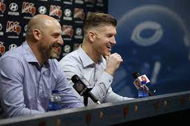 Former head coach Matt Nagy (left) and general manager Ryan Pace (right) during an interview for the 2021 playoffs. 