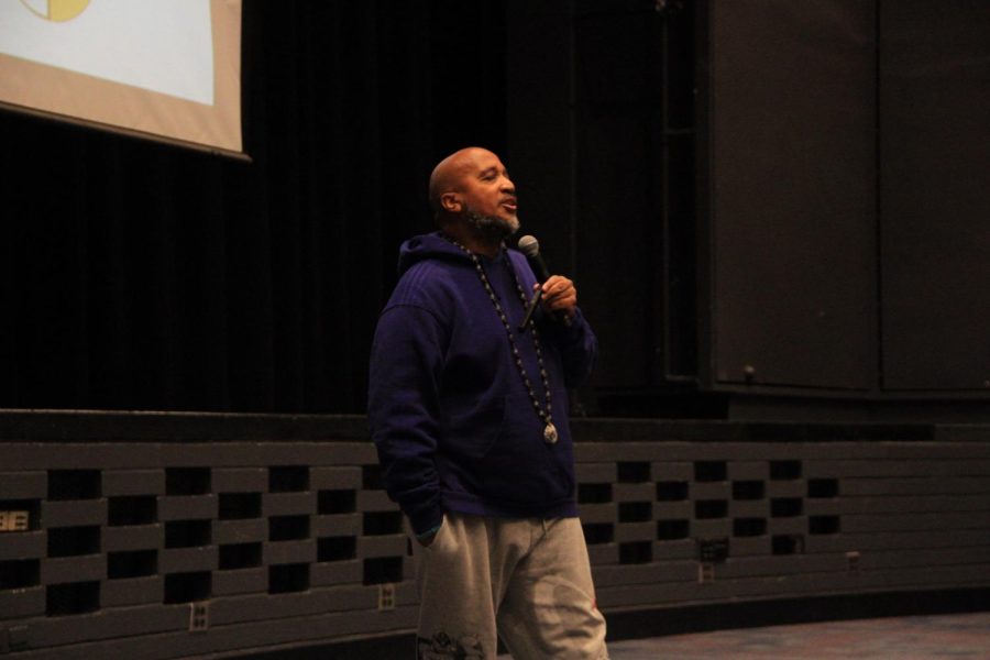 Talking to the students, Terrell makes sure his message gets across about bullying and racism. 