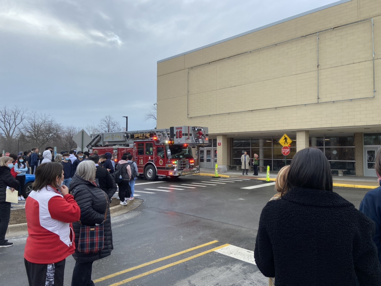 A fire truck pulls up to Niles West in response to the 3/1 fire alarm.
