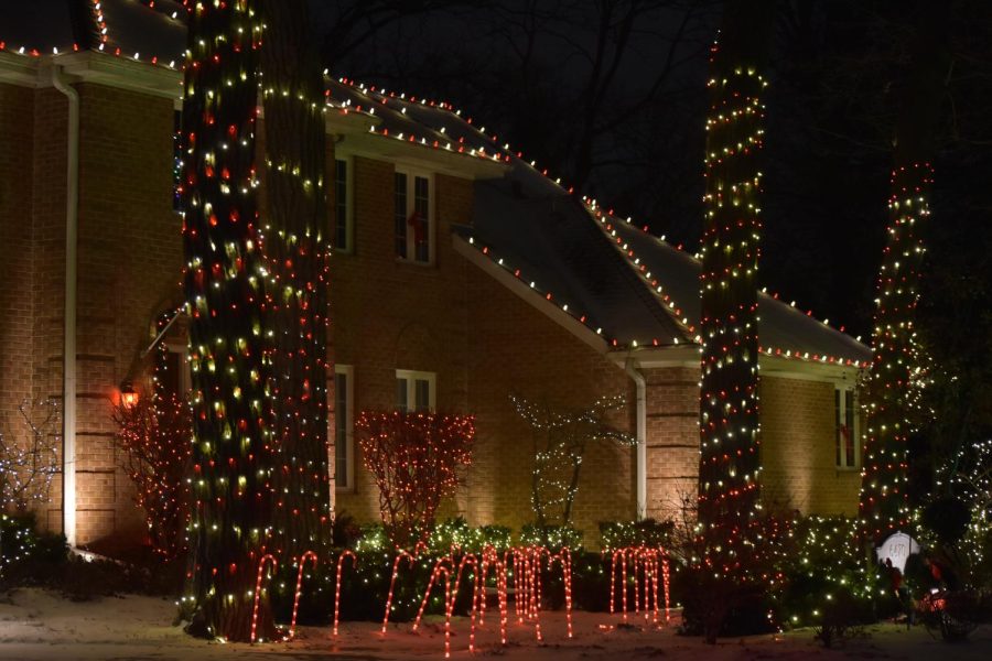This house is full of lights, with a candy cane garden out front.