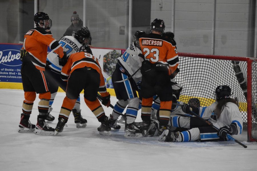 A small fight breaks out in front of the goalie during the second period. 