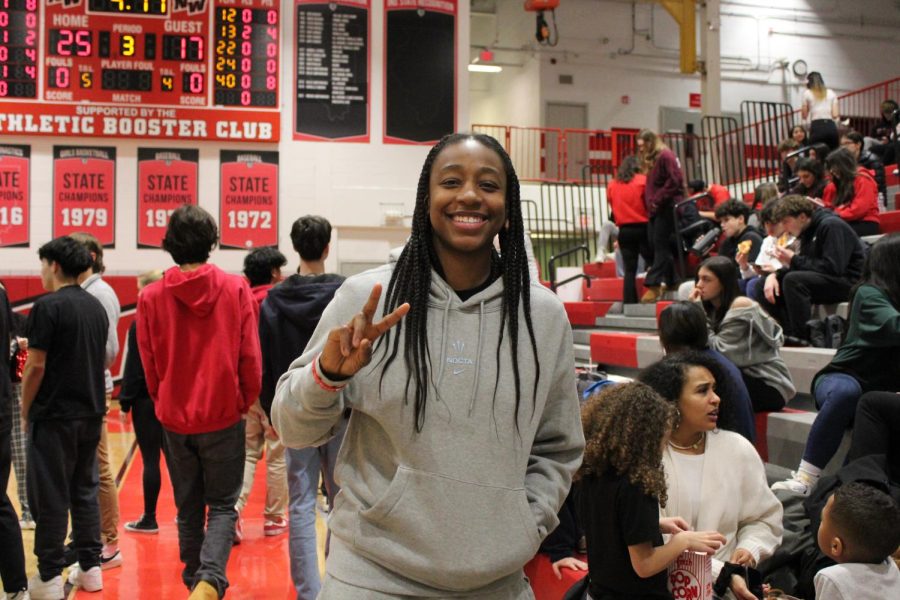 Jewell Loyd, WNBA player, visits Niles West to support the boys basketball team.