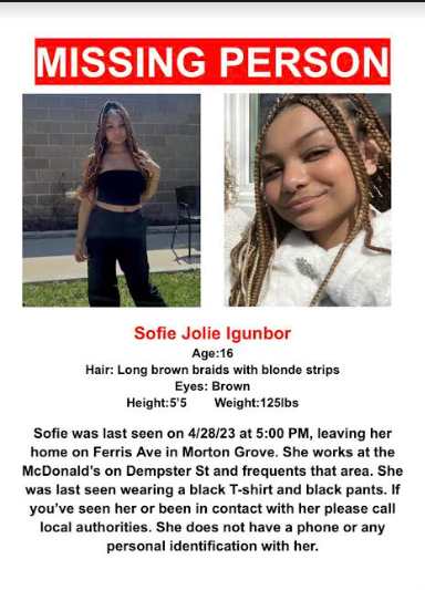 Missing Junior Sofie Igunbor's friends circulated this poster in school and on social media on May 1.