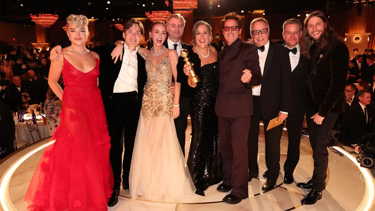 The cast of Oppenheimer, on stage at the Golden Globes after winning Best Motion Picture Drama. Photo via Hollywood Reporter. 