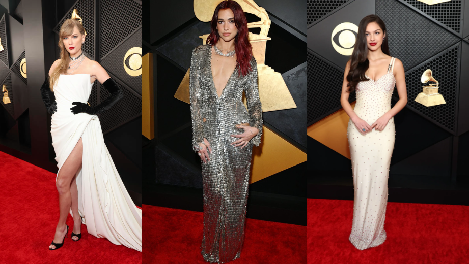 The red carpet where artists like Taylor Swift (pictured in the left), Dua Lipa (pictured in the middle) and Olivia Rodrigo (pictured in the right) show off their outfits at the 2024 Grammys.