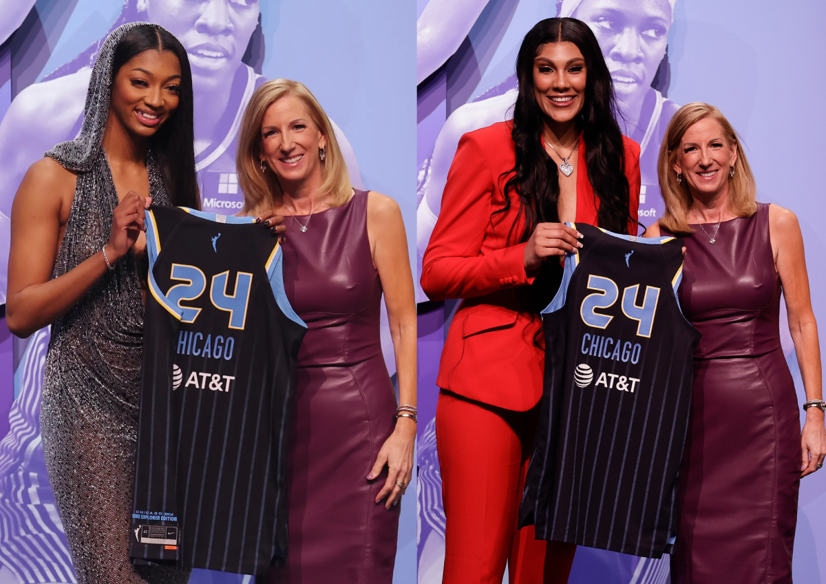 University of South Carolinas Kamilla Cardoso, right, and LSUs Angel Reese, left, pose for a photo with WNBA commissioner Cathy Engelbert after being selected third and seventh overall during the WNBA Draft. (Photos by Adam Hunger/AP Photo)
