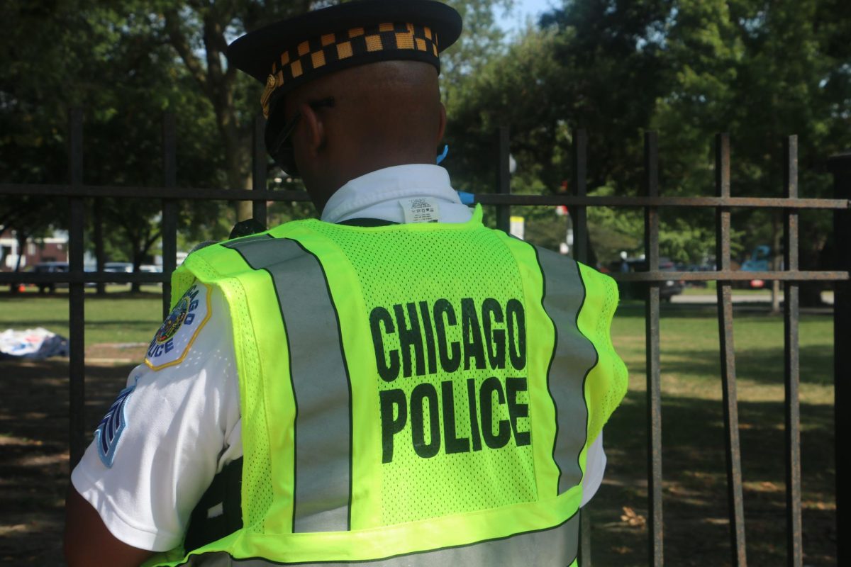 A Chicago Police officer standing guard at Union Park.*