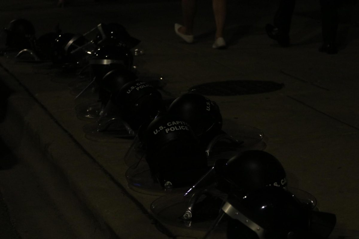 U.S. Capitol Police helmets and shields lined the streets outside the DNC.*