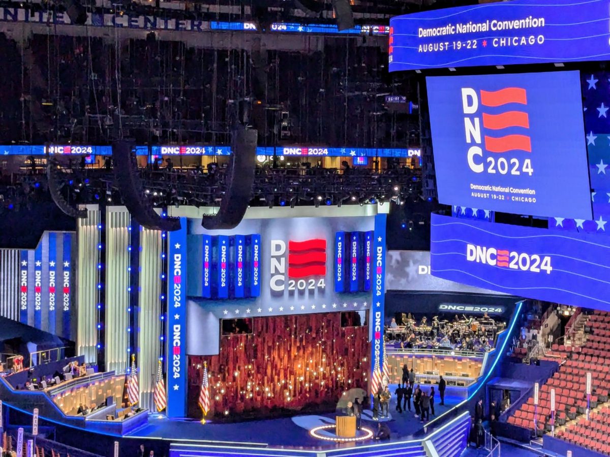 People gather at the United Center for the 2024 Democratic National Convention. 