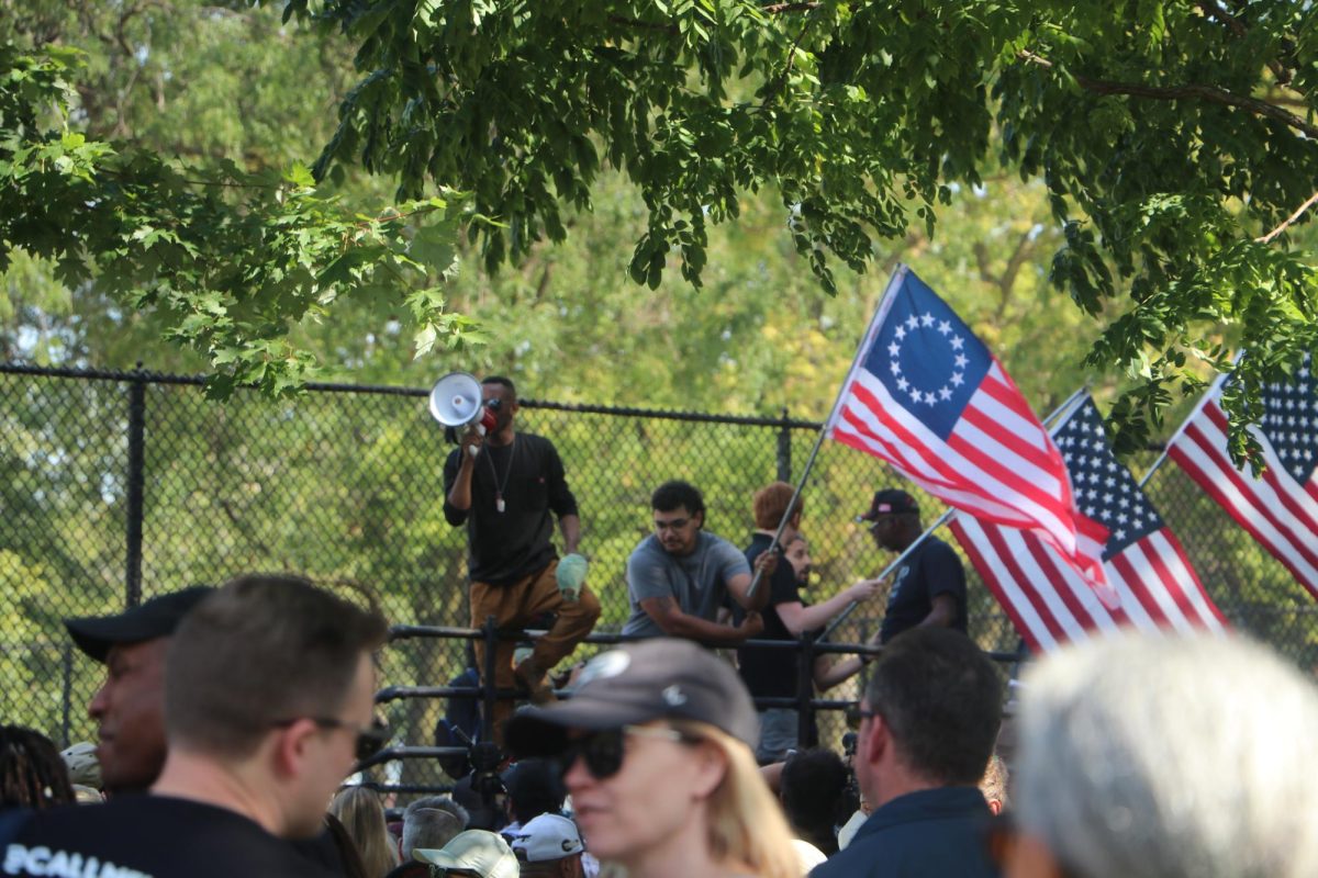 Pro-American protesters waving American Flags over a crowd. Andre Woyze holds a megaphone.