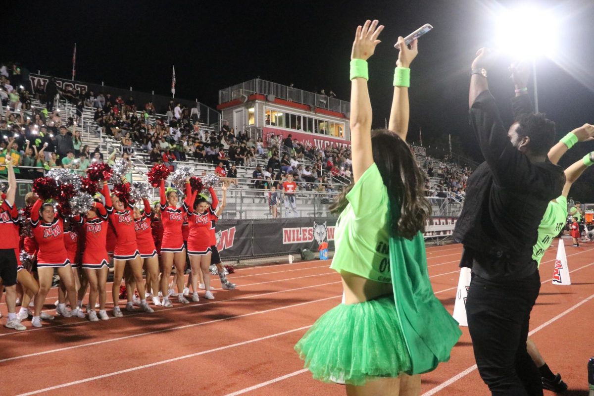 Niles West Hype Crew Captain -- and alumni and NFL player Rashard -- leading the crowd in a game called Rollarcoaster. 