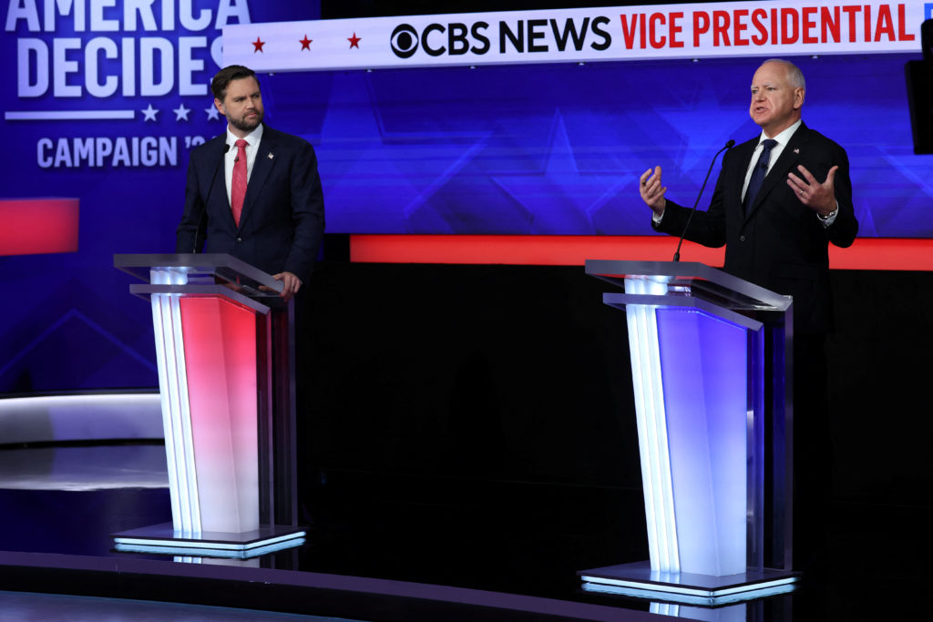 Vice Presidential candidates J.D. Vance and Tim Walz at the debate stage.