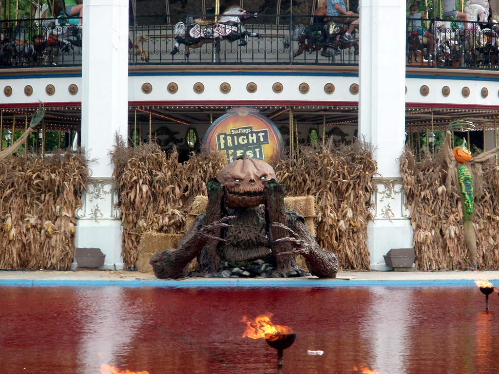 The fountain at Six Flags is decorated for Halloween, including water dyed blood red.