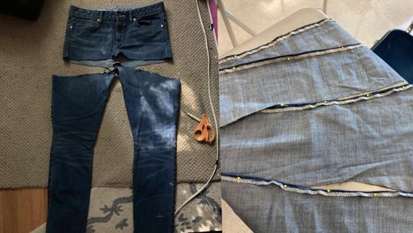 The process of junior Lucy Clarke's upcycling project: cutting and sewing jeans into a pleated skirt.