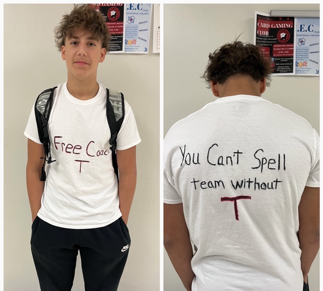 Football player David Khamoo, junior, is shown wearing a shirt with the sayings "Free Coach T" and "You can't spell team without T."