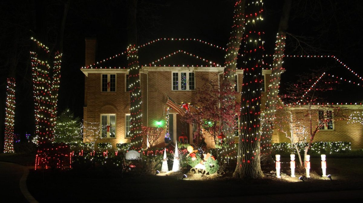 Various Christmas decorations enhance the front yard and roof of this house in the Lincolnwood Towers neighborhood.