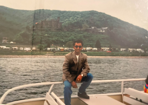 Harunur Rashid Khan posing on a boat in 1991. 