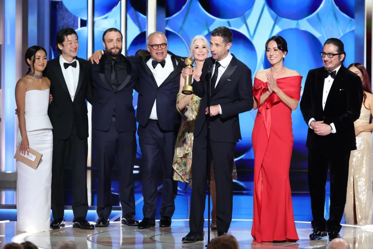 The cast of “Shogun,” on stage at the Golden Globes celebrating their win for Best Television Series Drama. Photo via Rich Polk, Penske Media.
