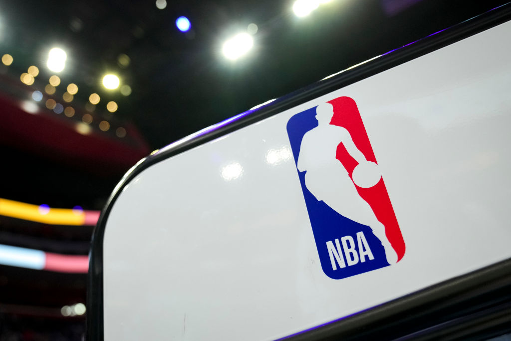 DETROIT, MICHIGAN - FEBRUARY 03: The NBA logo is pictured before the game between the Detroit Pistons and Charlotte Hornets at Little Caesars Arena on February 03, 2023 in Detroit, Michigan. NOTE TO USER: User expressly acknowledges and agrees that, by downloading and or using this photograph, User is consenting to the terms and conditions of the Getty Images License Agreement. (Photo by Nic Antaya/Getty Images)