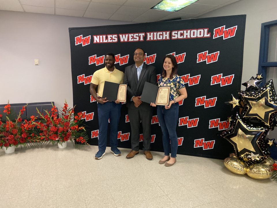 Randolph and Dribin-Khoshaba pose with their Golden Apple Awards and State Senator Ram Villivalam in a ceremony in the Student Commons on Friday, May 16.