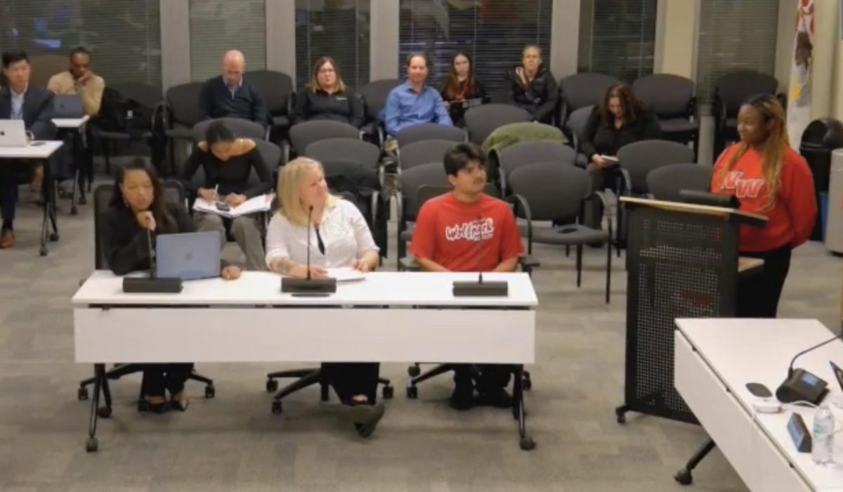 Chief Equity Officer La Wanna Wells, Niles North biology teacher Suzy Trzaskus, West special education paraprofessional Mohammed Vohra and West junior Jade Alao present to the D219 School Board at its April 7 meeting.